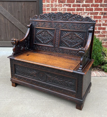Antique English Bench Chair Settee Hall Bench Renaissance Revival Oak PETITE Cover