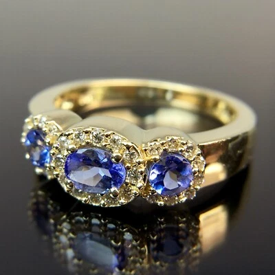 Anillo EFFY de oro amarillo con halo de tanzanita ovalada y diamantes de 14 k talla 6,75 Foto 1 de 4