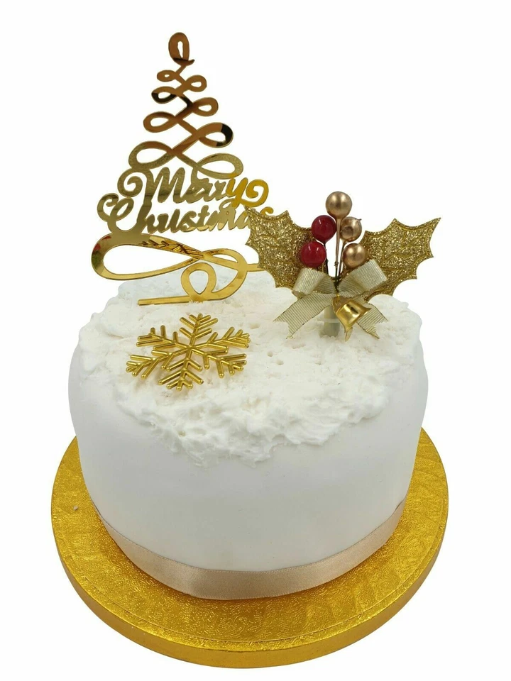 EVELAY LTD 3 piece SET GOLD HOLLY Merry Christmas Cake Decorations log cupcake toppers