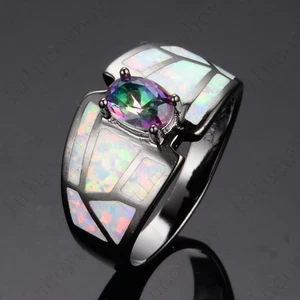 Sz 6,7,8,9: 10KT Black Gold Rhodium Filler With Mystic Zircon & White Fire Opal - Picture 1 of 4