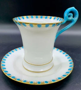 VINTAGE ADDERLEY BONE CHINA FLARE CUP SAUCER SET WHITE GOLD TURQUOISE ENAMEL - Picture 1 of 12