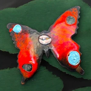 Schmetterling Brosche Emaille Kupfer Kunsthandwerk rot blau Boho Hippie Vintage Mid Century - Bild 1 von 8