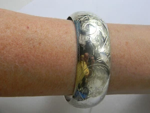 Bracciale vintage argento 925 con cerniera grosso 1" largo inciso motivo vortice - Foto 1 di 10