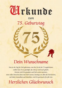 75 Geburtstag Geschenk-Urkunde Mann Frau 75 Jahre Oma Opa Name personalisiert - Bild 1 von 42