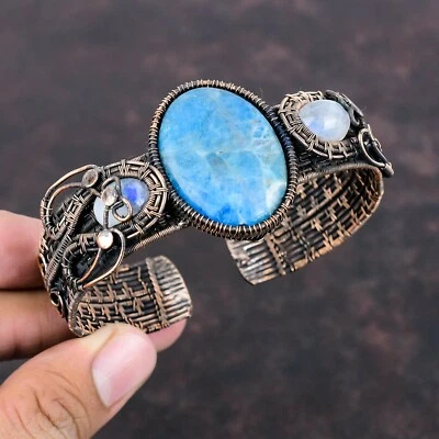 Brazalete envuelto en alambre de esposa piedra lunar arco iris piedras preciosas apatita neón cobre Foto 1 de 4