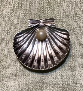 Vintage Crown Trifari Scallop Shell Brooch with Faux Pearl Silver-Tone - Picture 1 of 4