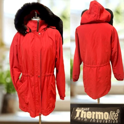 Damselle Insulated Winter Snow Red Faux Suede & Fur Hooded Parka Jacket Size S - Image 1 of 4
