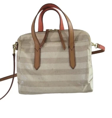 Bolso de mano Fossil Sidney con correa de cuero recubierto de lona natural beige a rayas Foto 1 de 4