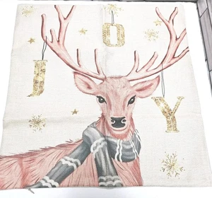 Decorative Christmas Pillow COVER Pink Reindeer Scarf Gold JOY Ornaments 17"x17" - Picture 1 of 12