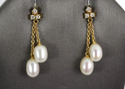 Double Pearl & Diamond Dangle Earrings in 14k Yellow Gold - Image 1 of 3