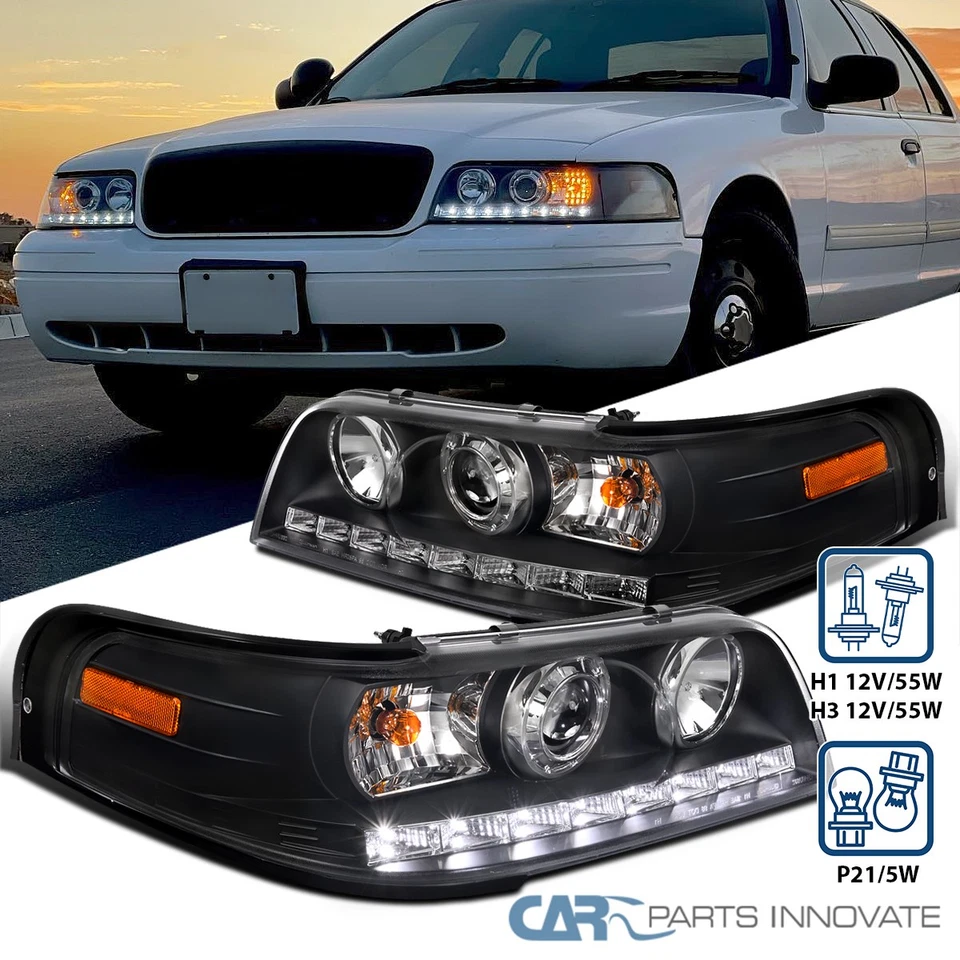 Fit 1998-2011 Ford Crown Victoria Projector Headlights Black Head Lamp LED Strip Foto 1 de 4