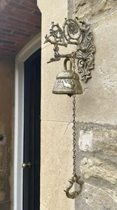Vintage Brass Door Bell 3” with Ornate Wall Bracket Pub School SMALLER SIZED - Picture 1 of 9