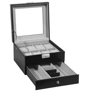 Estuche de reloj de 8 ranuras de cuero PU vitrina de almacenamiento de joyas con cajón regalo - Imagen 1 de 14