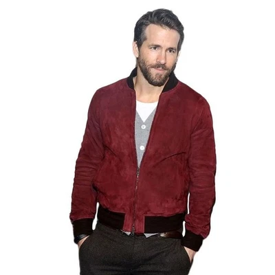 Ryan Reynolds Red Suede Bomber Leather Jacket Men Size S M L XL XXL Custom - 341 - Image 1 of 4