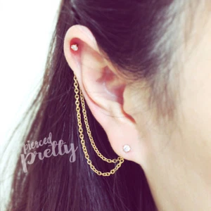 CZ stud helix to lobe chain earring 20g dangle gold chain earring helix ear stud - Picture 1 of 8