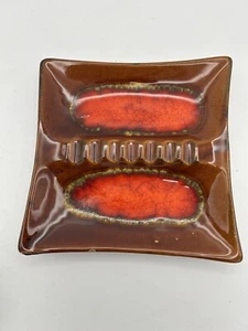 Posacenere sigari quadrato vintage MCM LG marrone rosso smalto a goccia ceramica USA boho retrò - Foto 1 di 5