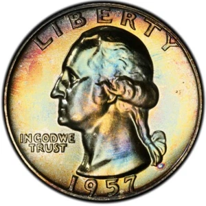 PR66 1957 25C Washington Silver Proof Quarter, PCGS Trueview- Rainbow Toned - Picture 1 of 6