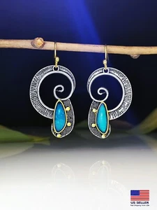 Fashion Vintage Women Earrings Spiral Seaweed Blue Opal Style Hand Crafted 1523 - Picture 1 of 4