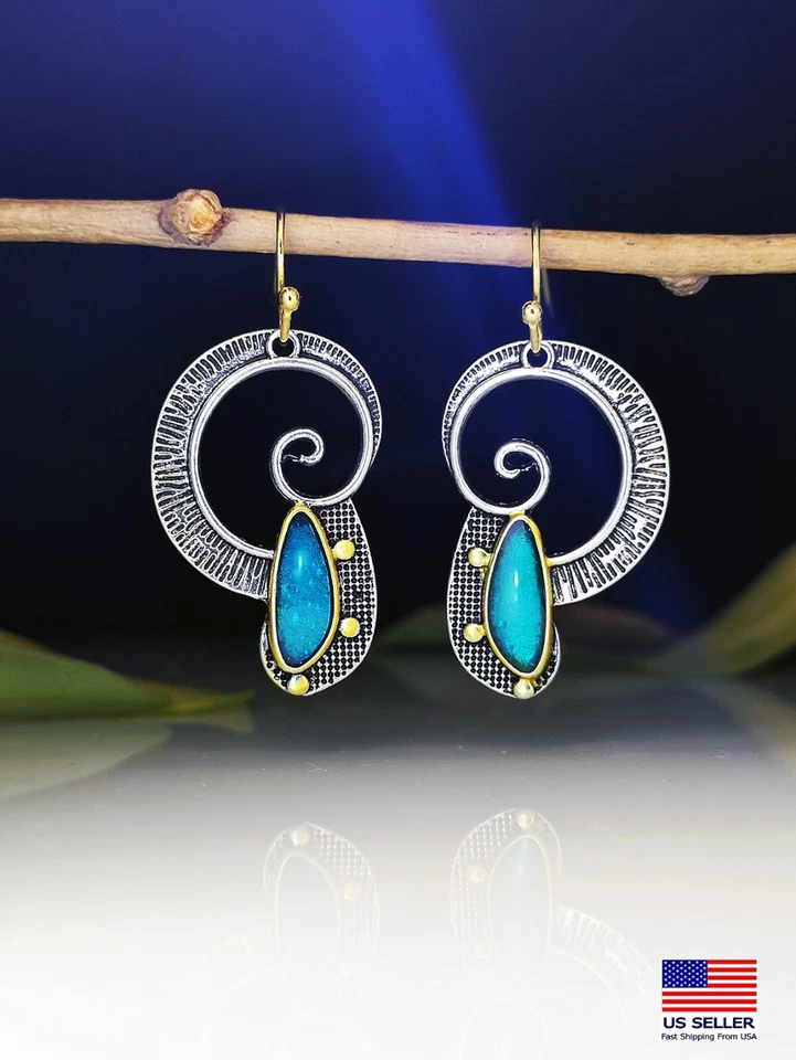 Fashion Vintage Women Earrings Spiral Seaweed Blue Opal Style Hand Crafted 1523 - Image 1 of 1