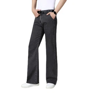 Men Smart Casual Jeans 5-Pocket Straight Leg Mid Rise Stretch Denim Pants Retro - Picture 1 of 26