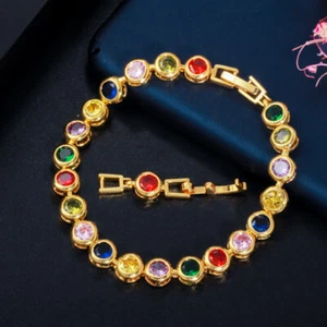 Multicolor Rainbow CZ Cubic Zirconia Stone Round Chain Bracelet for Brides Prom - Picture 1 of 15