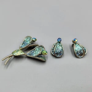 Vintage Blue Rhinestone Glitter Floral Brooch Clip Earrings Set - Picture 1 of 9
