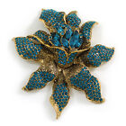 Oversized Statement Teal Crystal Exotic Flower Brooch In Aged Gold Tone - 90Mm
