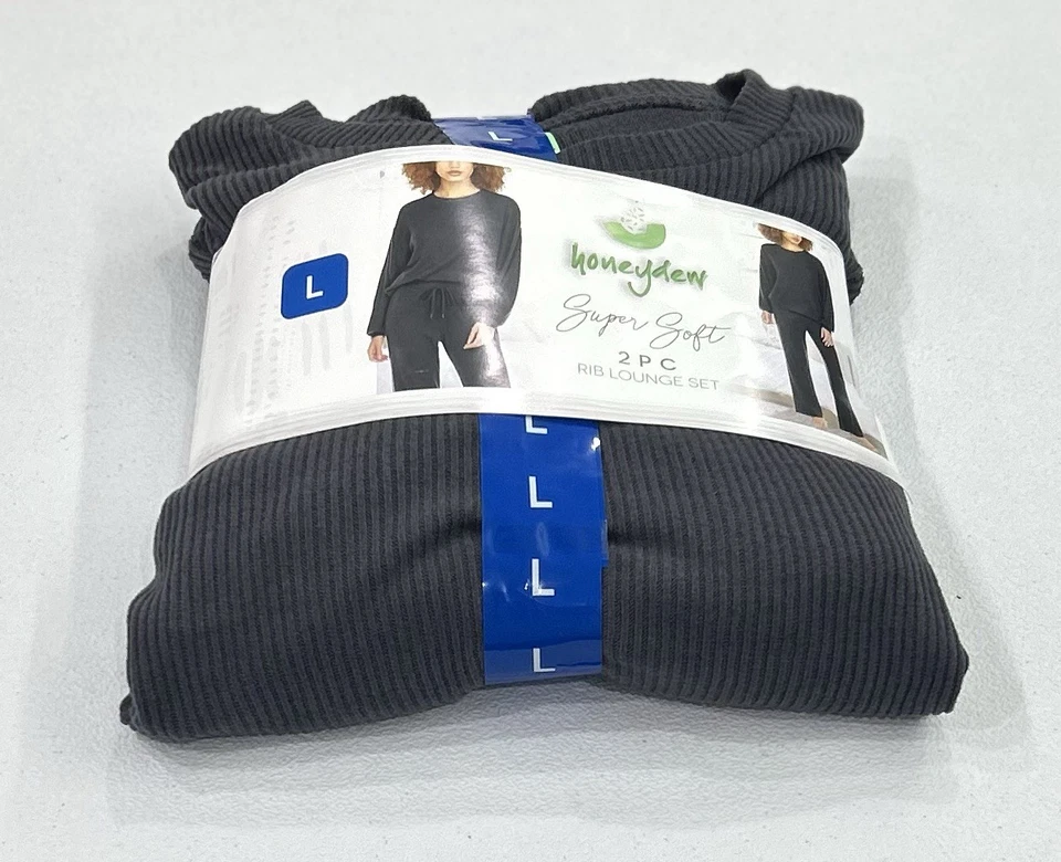 Honeydew Womens Super Soft Rib Lounge Pant L/S Shirt Set of 2 Charcoal Sz L