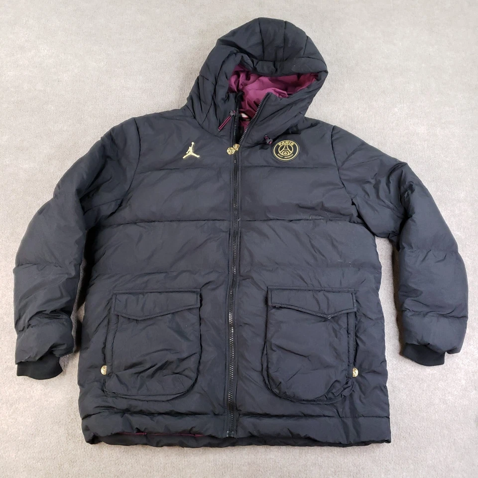 Chaqueta Parka Air Jordan x Paris St Germain Para Hombre XL Negra Puffer Cremallera Completa Con Capucha Foto 1 de 4