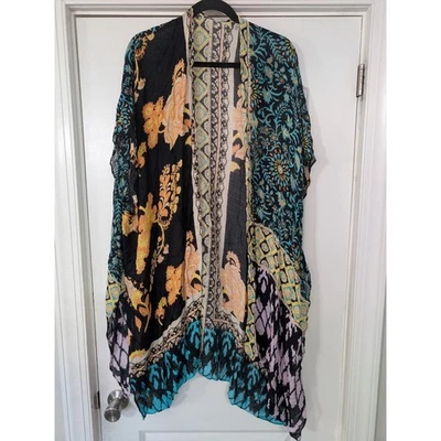 Lovestitch Womens Black blue Boho Paisley Floral Kimono Cardigan Cover Up M/L - Image 1 of 4