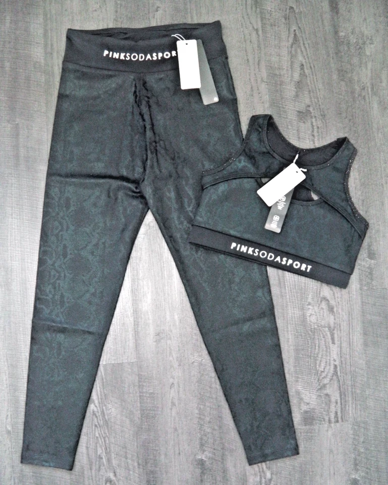 BNWT WOMENS PINK SODA SPORTS BRA & LEGGINGS SIZE 10 GYM YOGA RUN PILATES TOP BLK - Image 1 of 4