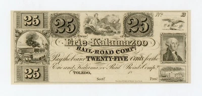 1800's 25c The Erie and Kalamazoo Rail Road Co. - Toledo, OHIO Note CU - Image 1 of 2