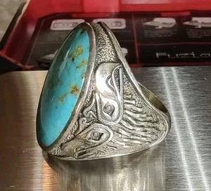 Anillo Nativo Americano Águila Navajo Turquesa Para Hombre Talla 9-9.5 Plata de Ley Firmado - Imagen 1 de 9