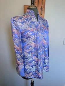 Vintage Brokat Asian Mandarin Collar Jacket, Hong Kong Blue Satin Jacket - Bild 1 von 10