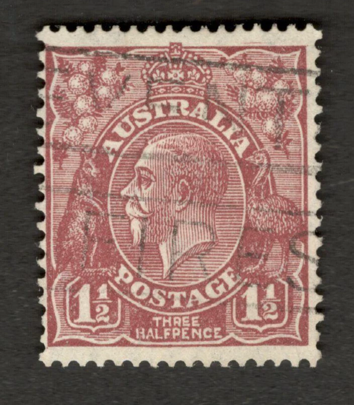 1936 Australia Sc #115 - Three Half Pence KGV, Kangaroo & Emu - Used stamp Cv$15 - Image 1 of 1