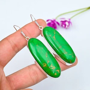 Natural Green Copper Turquoise Gemstone Earring 925 Sterling Silver Jewelry Gift - Picture 1 of 5