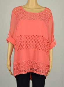 Calvin Klein Womens Pink Rose Roll Tab Sleeves Lace Illusion Blouse Top L XL - Picture 1 of 1