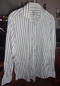 BUGATCHI UOMO 16 1/2 34/35  Men's Wh/Blk Striped L/S Dress Shirt - 22" pt to pt - Picture 1 of 4