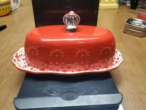 Pioneer Woman Red Floral Bursts Covered Butter Dish Clear Top Knob lid New Euc++ - Picture 1 of 4