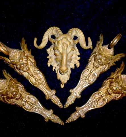FIVE FRENCH ANTIQUE BRASS / BRONZE  PEDIMENTS MOUNTS DECORS RAM HEAD LION HEADS Cover
