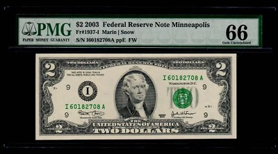 2003 $2 Federal Reserve Note PMG GEM UNC 66 - Image 1 of 2