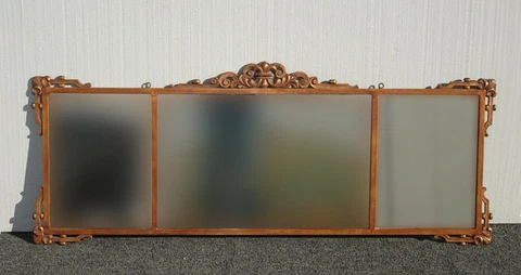 Vintage French Wrought Iron Three Panel Bronze Rectangle Wall Mantle Mirror Cover