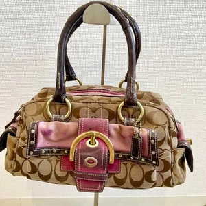 COACH Soho Signature Handbag Mini Boston Bag Turnlock Pink Beige - Picture 1 of 10