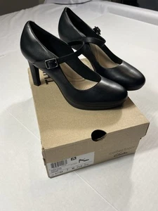 Clarks Ambyr Shine Heel Shoes 7M Black Platform Mary Jane Leather Comfort Classy - Picture 1 of 12