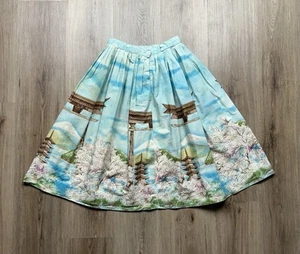 1950’s Women’s Vintage Asian Culture Printed Pagoda Nature Skirt Size 22 Waist - Picture 1 of 9