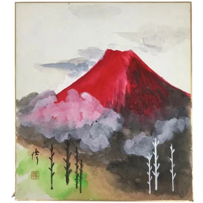Tablero de arte japonés Shikishi pintura de colección rojo Fuji árboles de montaña A702 Foto 1 de 4