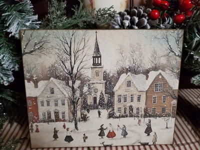 LETRERO PRIMITIVO COLONIAL VINTAGE ESTILO NAVIDAD INVIERNO NEVADO CASA DE PUEBLO IGLESIA Foto 1 de 4