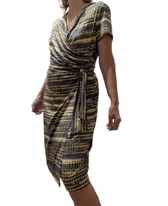 M&S Faux Wrap Dress UK size 16 Yellow grey black Side tie Stretch Jersey - Picture 1 of 17