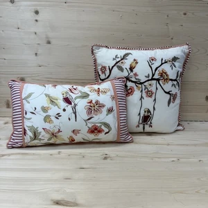 Waverly Pillow Set of 2 Embroidered Bird on Swing Floral Red Stripe Backing - Picture 1 of 19