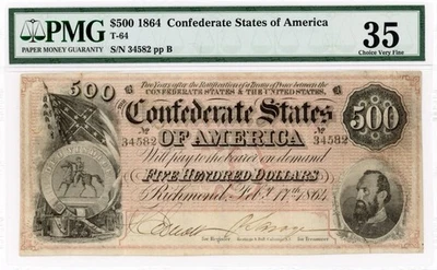 1864 Confederate States $500 Note, T-64, PMG 35-Stonewall Jackson-Good Color - Image 1 of 2